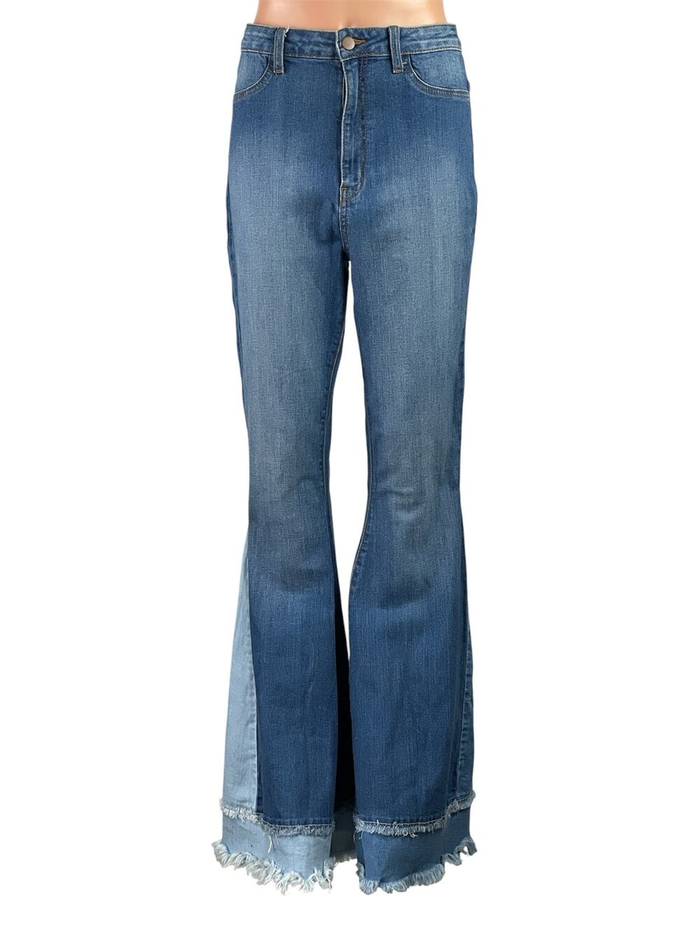 Fashion Nova Women Blue Layered Patchwork Flare Bootcut Bell Bottom Denim Jean L